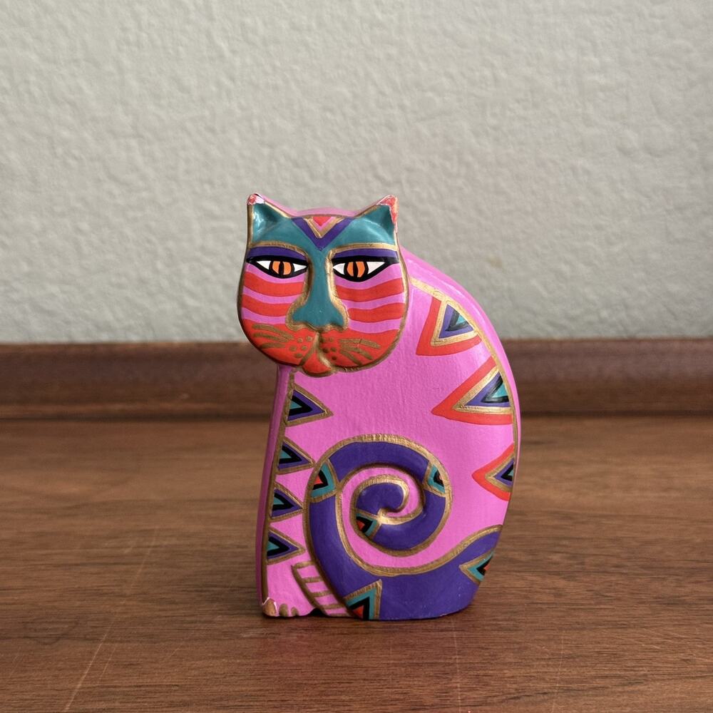 Vintage Laurel Burch Hand Painted Wood Cat Sculpture 4 in*